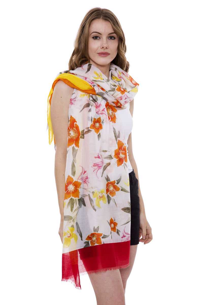 Soft Floral Print Oblong Scarf With Short Trim