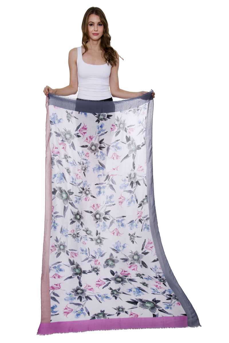 Soft Floral Print Oblong Scarf With Short Trim