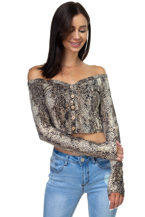 Smocked Off Shoulder Topsnake Print Long Sleeve Cropped Top