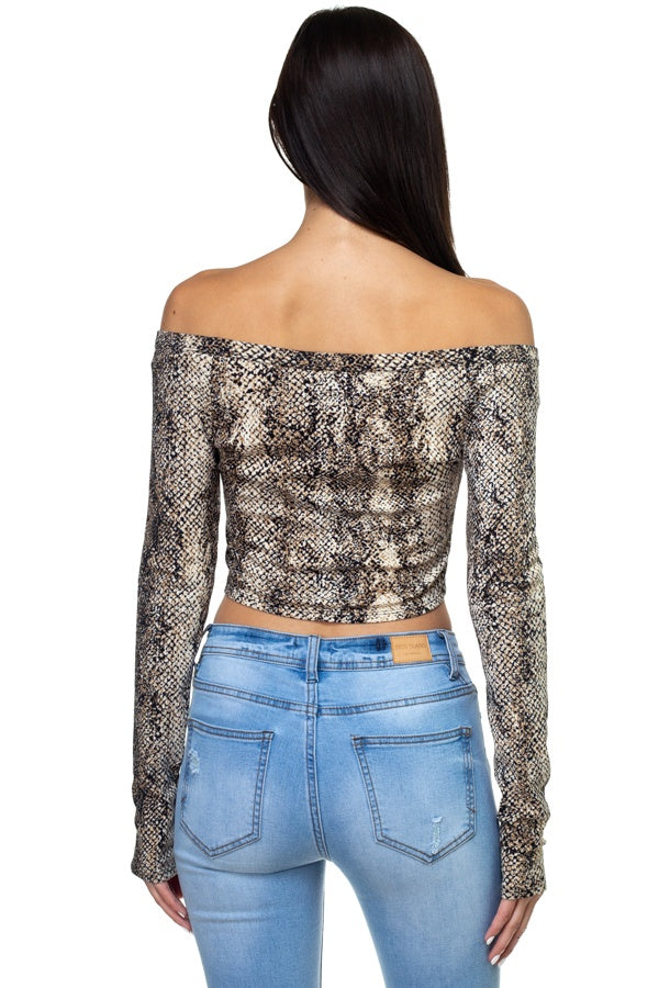 Smocked Off Shoulder Topsnake Print Long Sleeve Cropped Top