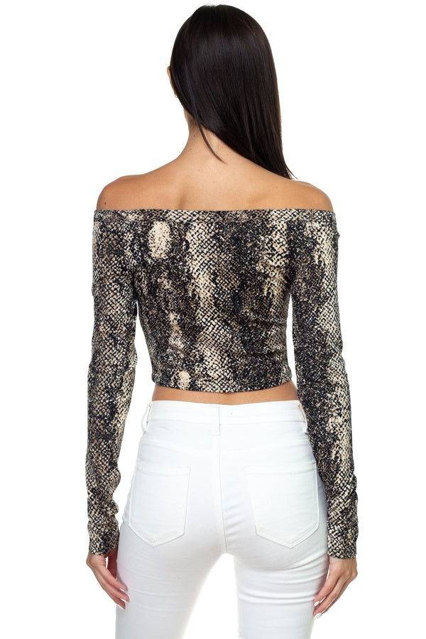 Smocked Off Shoulder Topsnake Print Long Sleeve Cropped Top