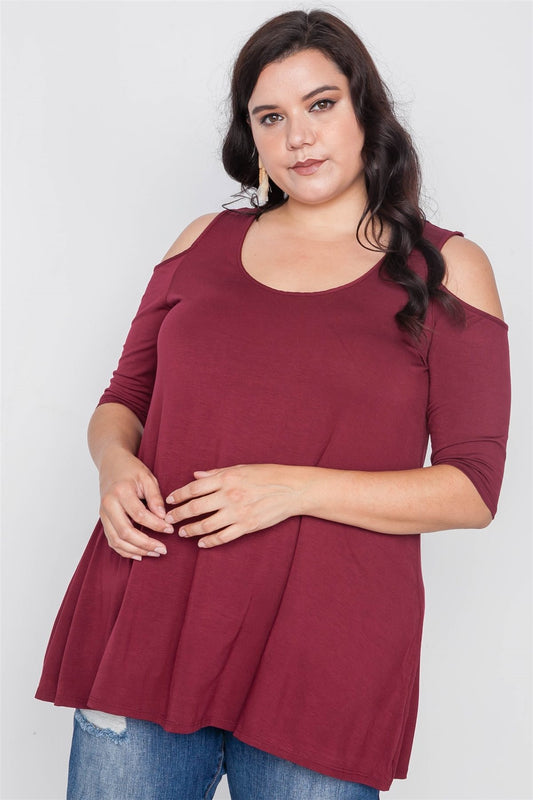 Plus Size Wine Cold Shoulder Basic Top