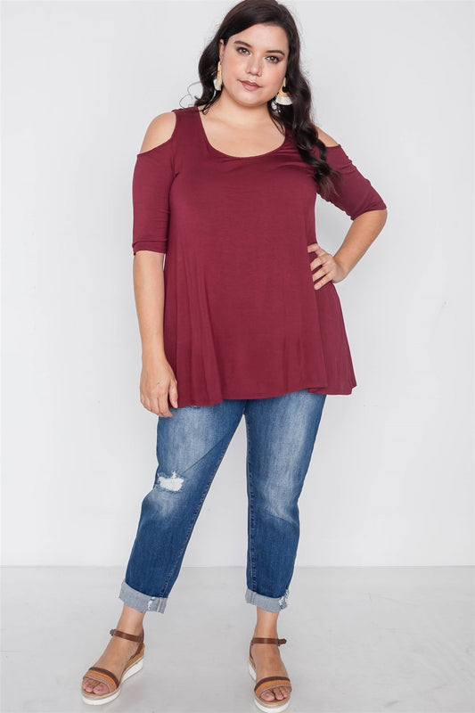 Plus Size Wine Cold Shoulder Basic Top