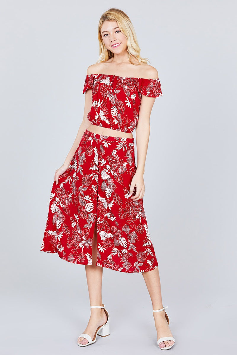 Tulip Sleeve Off The Shoulder Button Down Crop Top And Button Down Midi Skirt Set