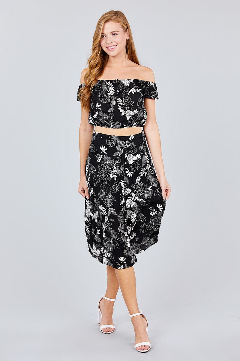 Tulip Sleeve Off The Shoulder Button Down Crop Top And Button Down Midi Skirt Set