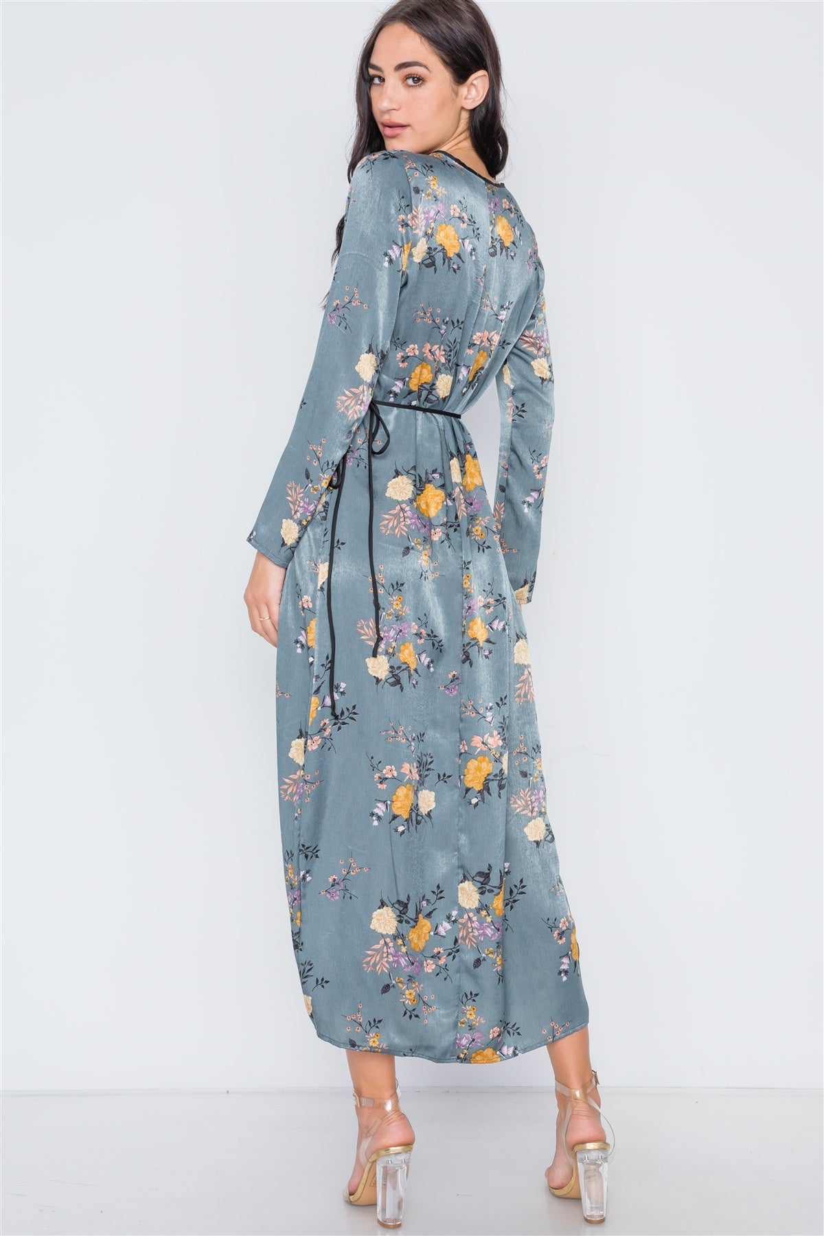 Storm Blue Side Slit Floral Wrap Maxi Dress