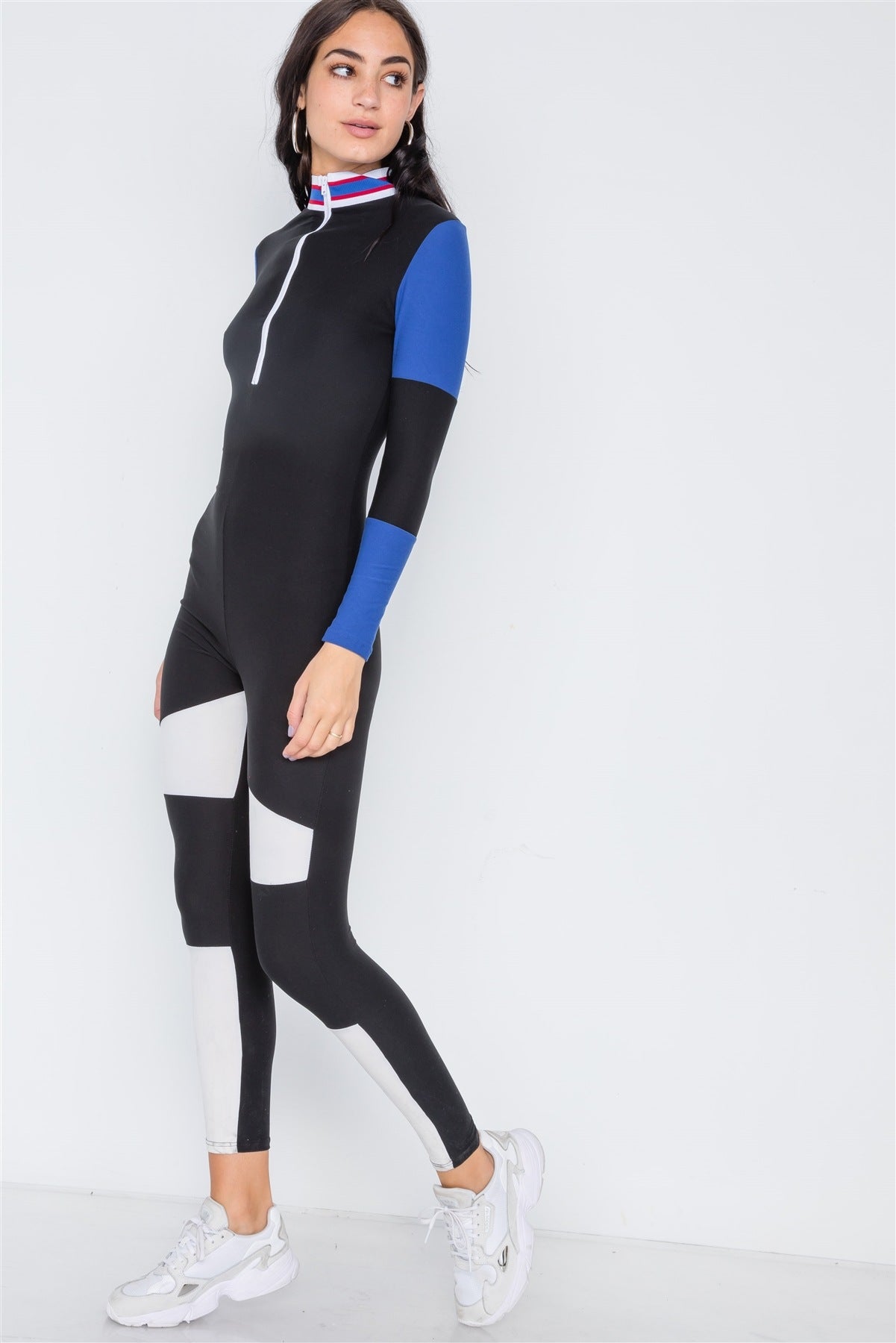 Blue Black Color Block Long Sleeve Zip-up Jumpsuit