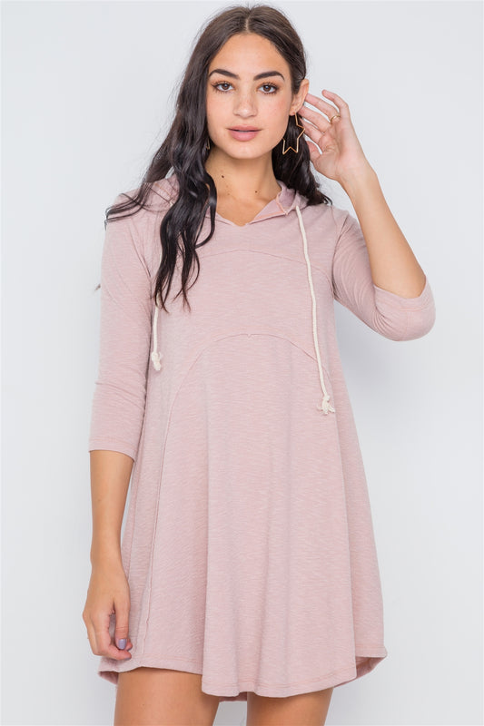 3/4 Sleeve Knit Hooded Mini Dress