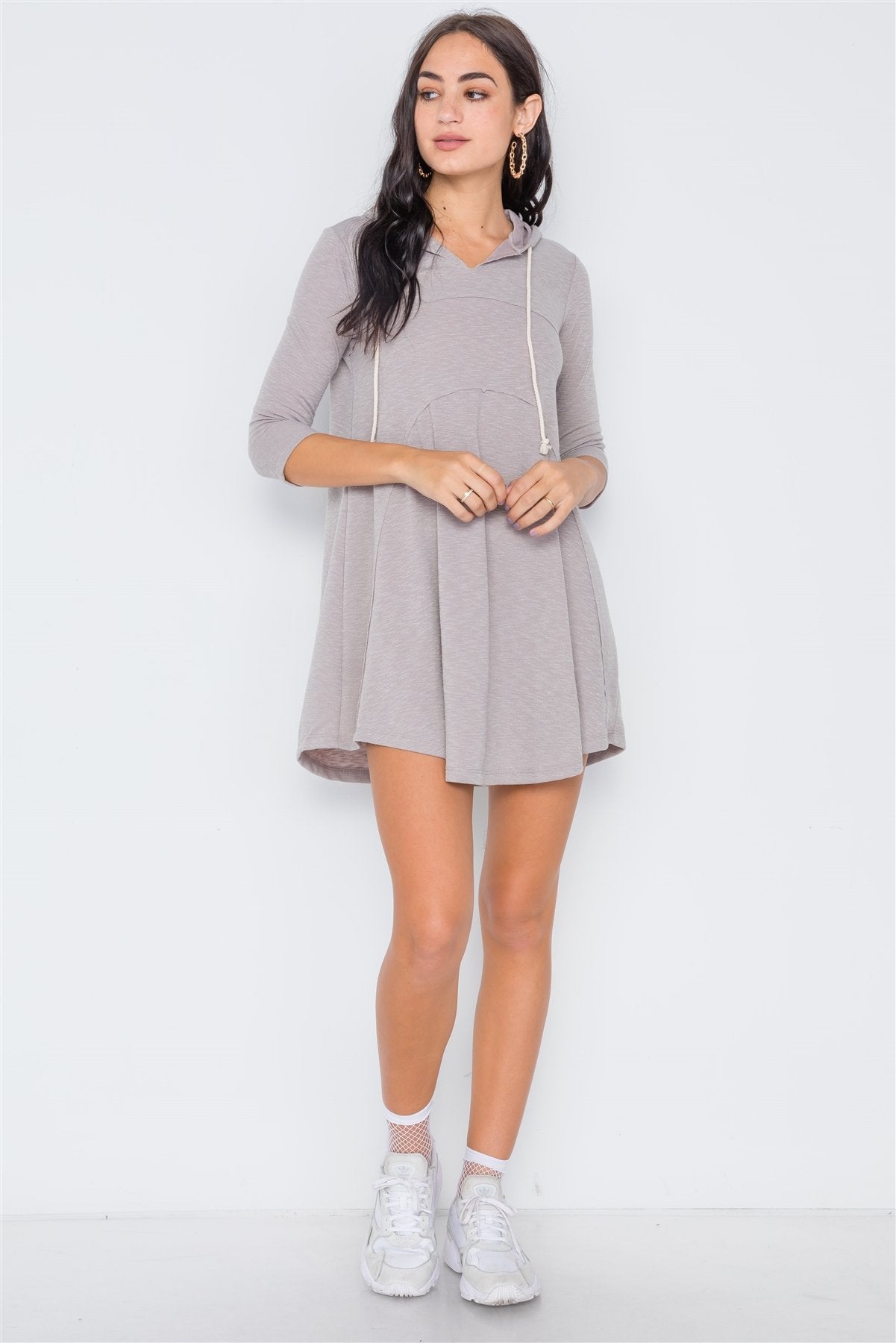 3/4 Sleeve Knit Hooded Mini Dress