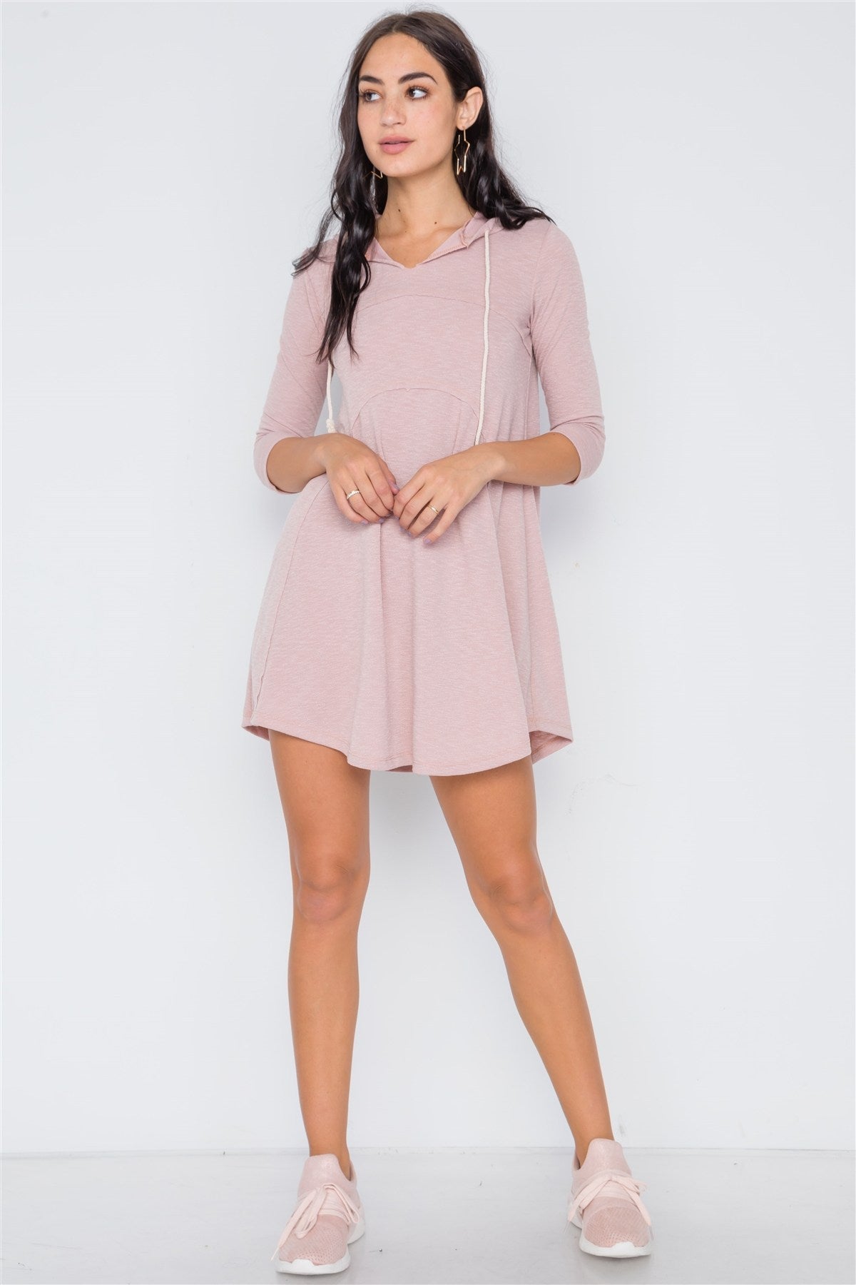 3/4 Sleeve Knit Hooded Mini Dress