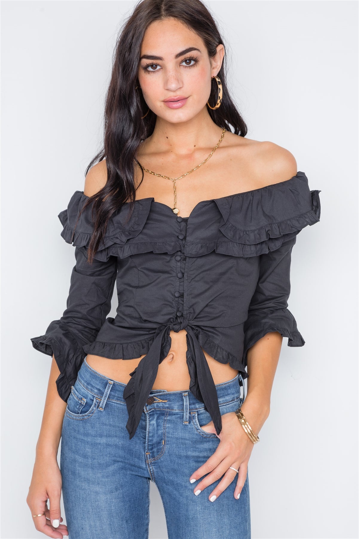 Black Off-the-shoulder Ruffle Tie Front Crop Top