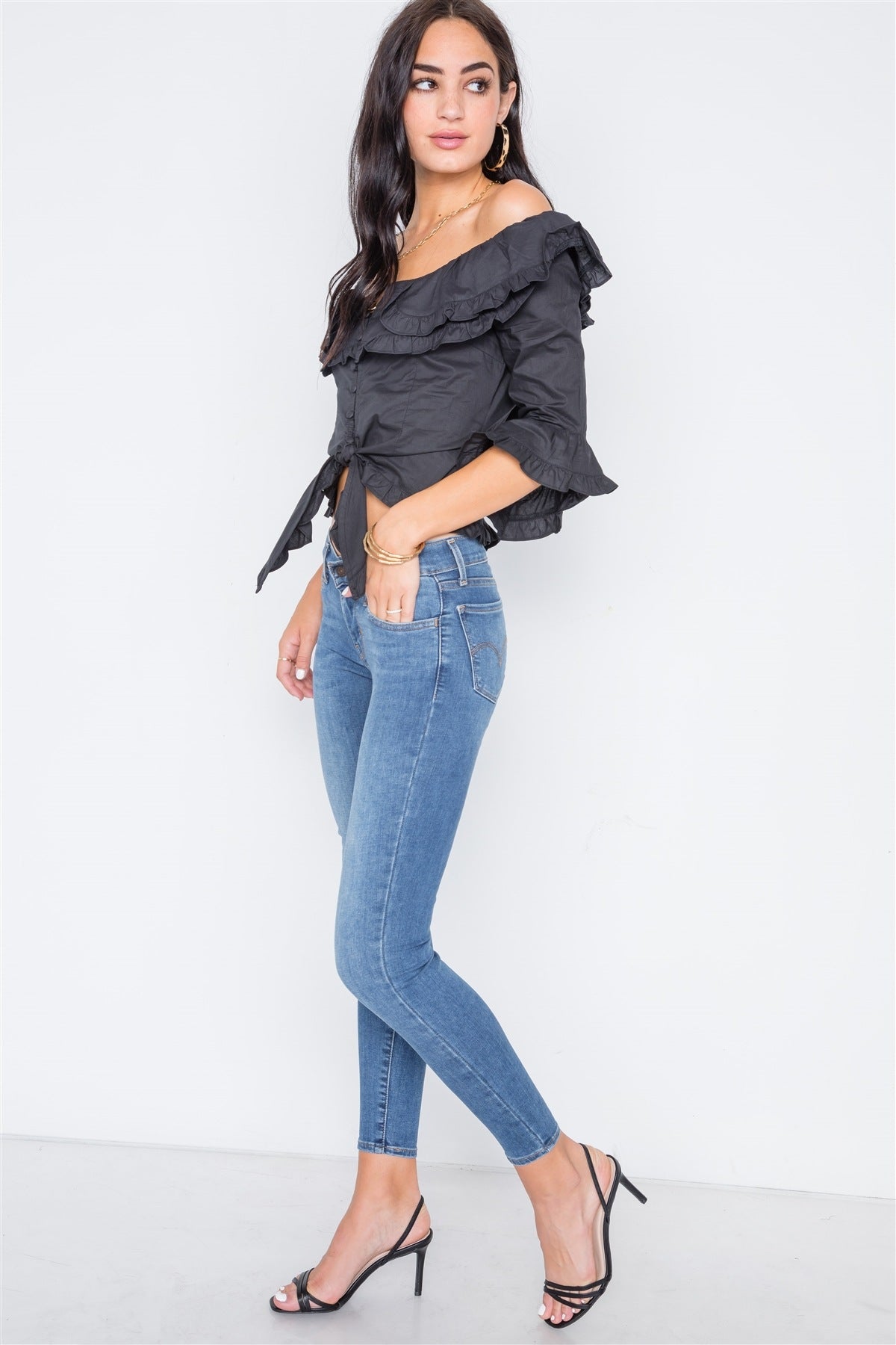 Black Off-the-shoulder Ruffle Tie Front Crop Top