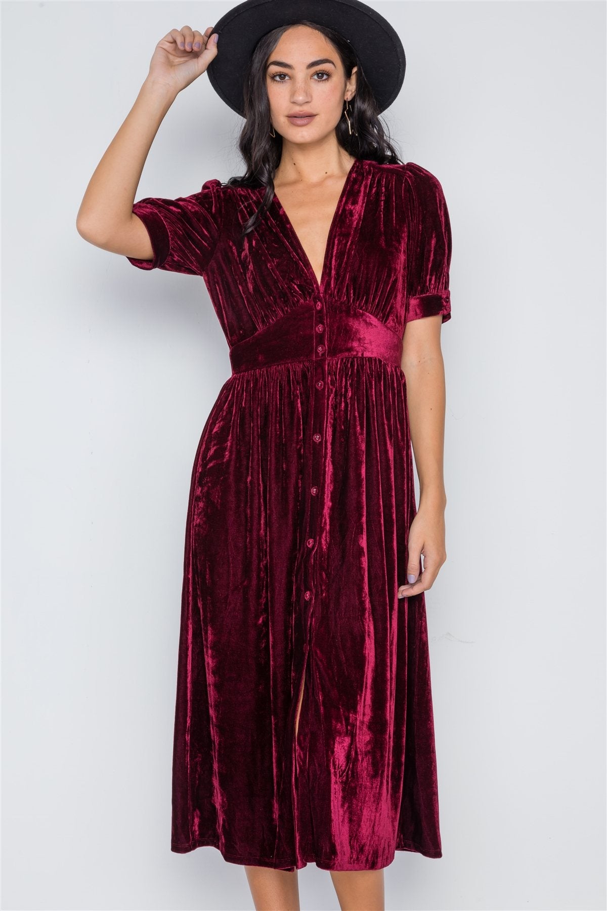 Burgundy Velvet Short Sleeve Button Down Midi Dress