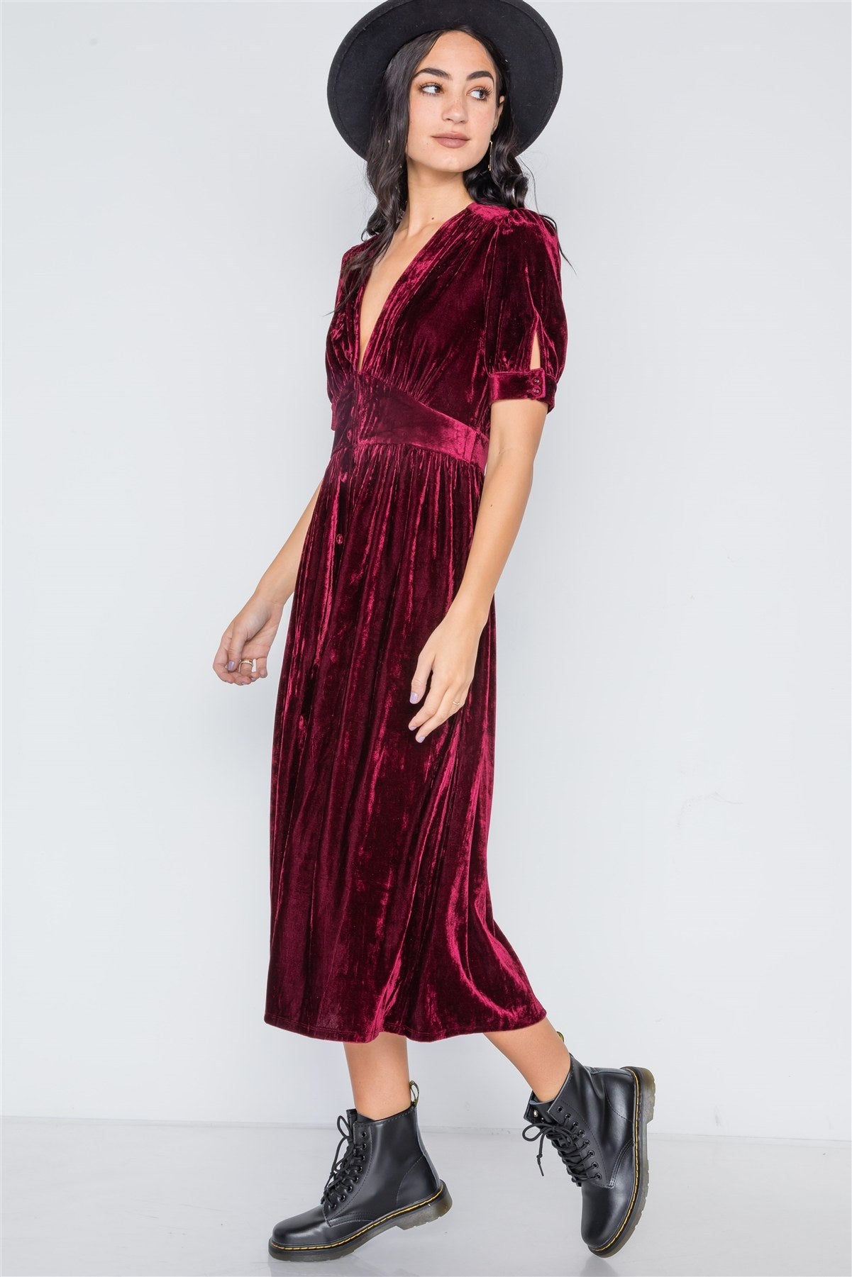 Burgundy Velvet Short Sleeve Button Down Midi Dress