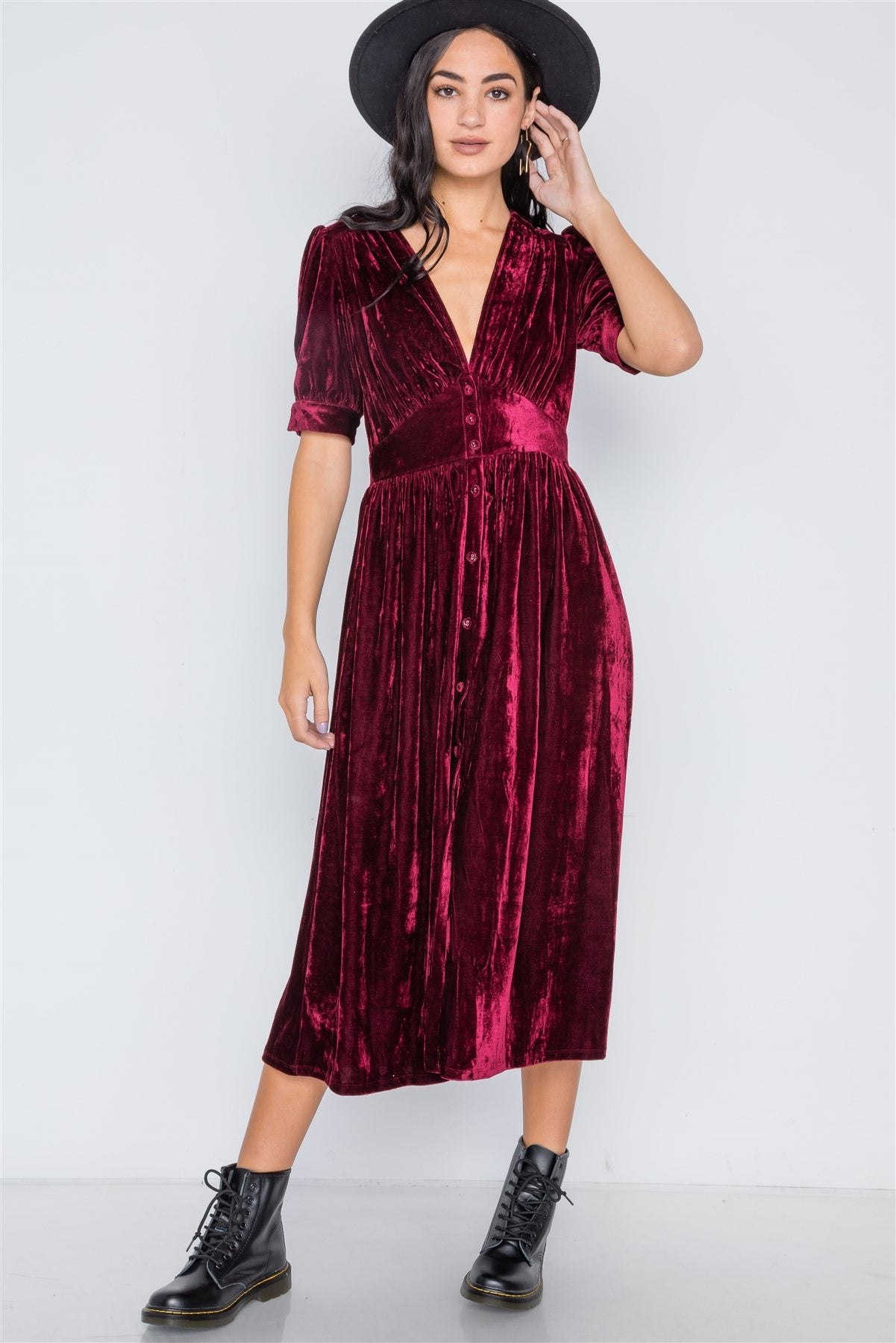 Burgundy Velvet Short Sleeve Button Down Midi Dress