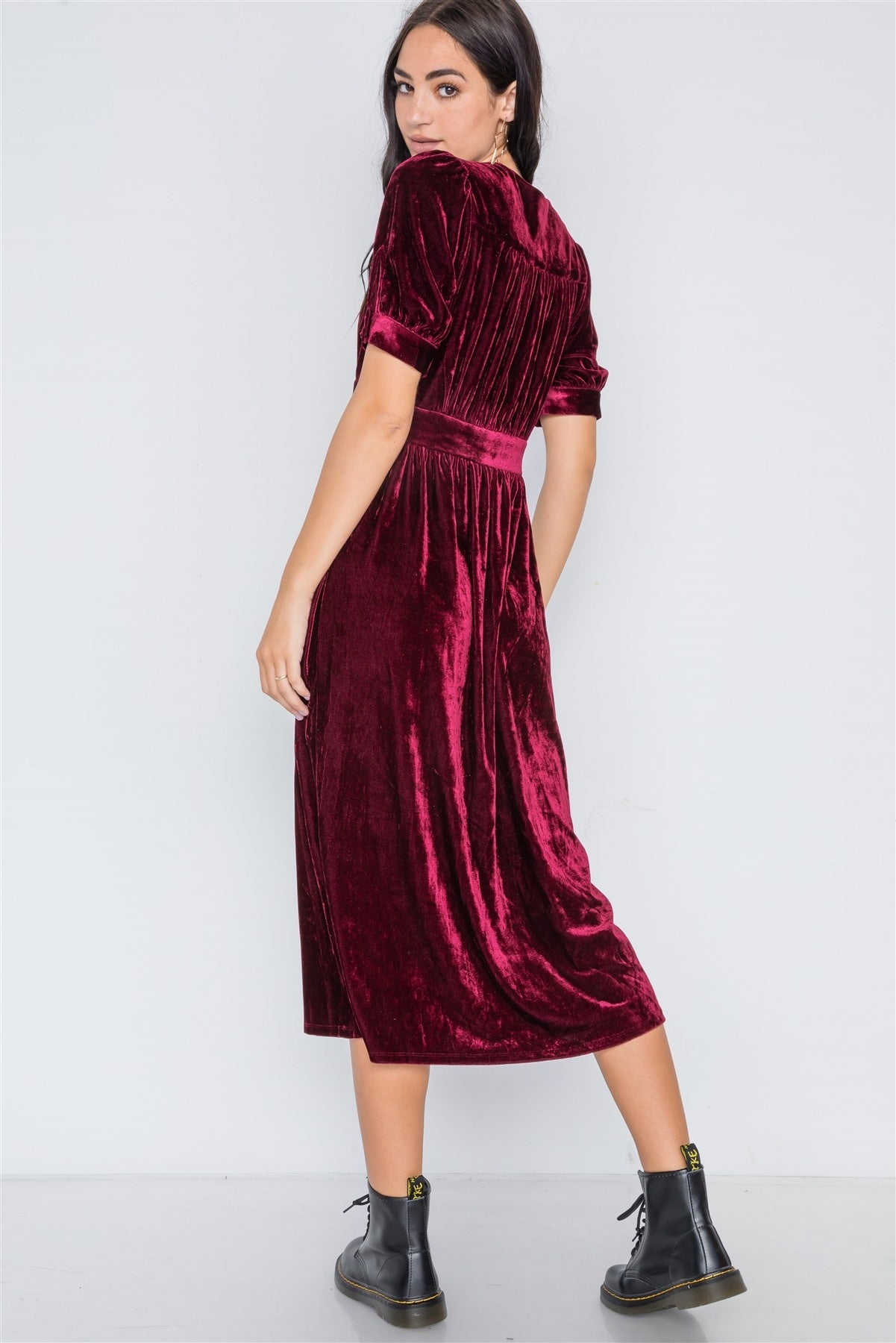 Burgundy Velvet Short Sleeve Button Down Midi Dress