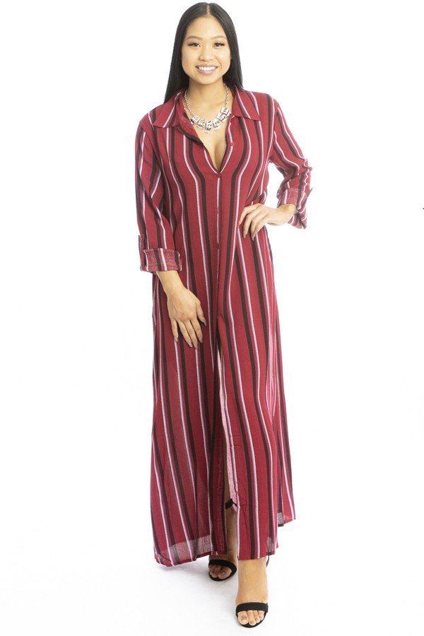Stripe Print Floor Length Shirt Dress