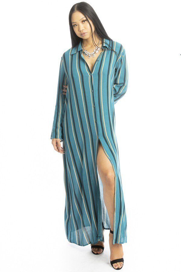 Stripe Print Floor Length Shirt Dress