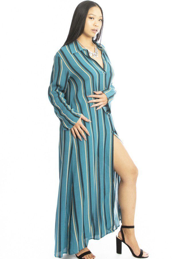 Stripe Print Floor Length Shirt Dress