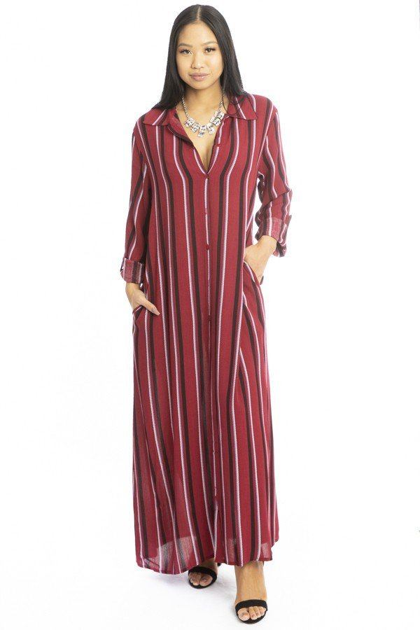 Stripe Print Floor Length Shirt Dress