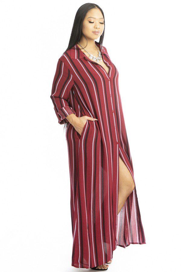 Stripe Print Floor Length Shirt Dress