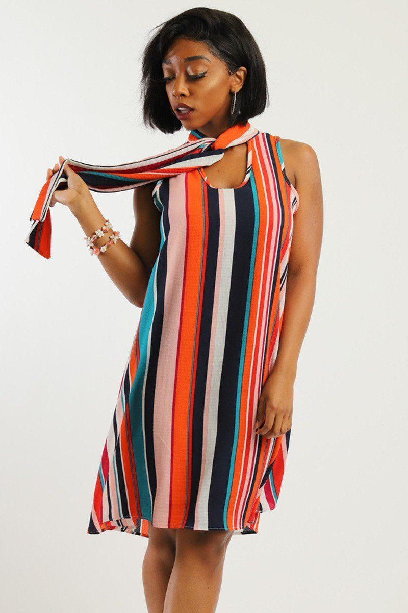 Striped, Sleeveless Short Dress