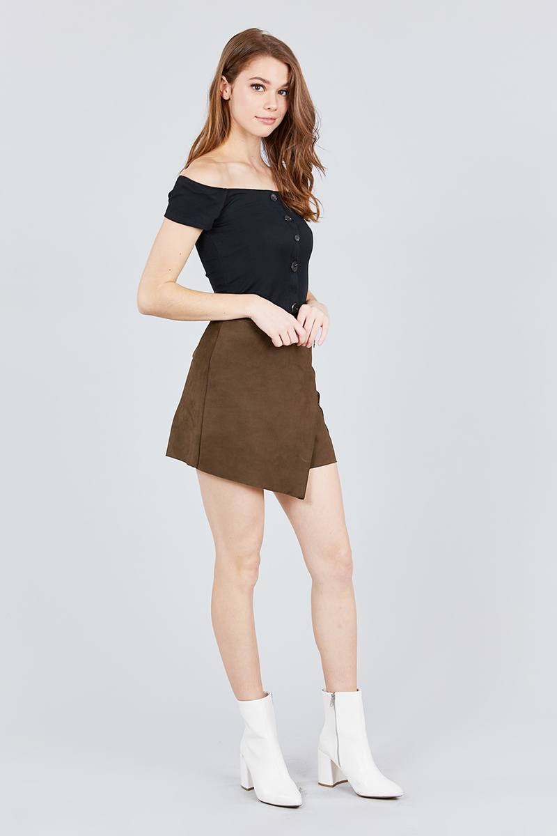 Short Sleeve Off The Shoulder Button Down Rayon Spandex Rib Knit Top