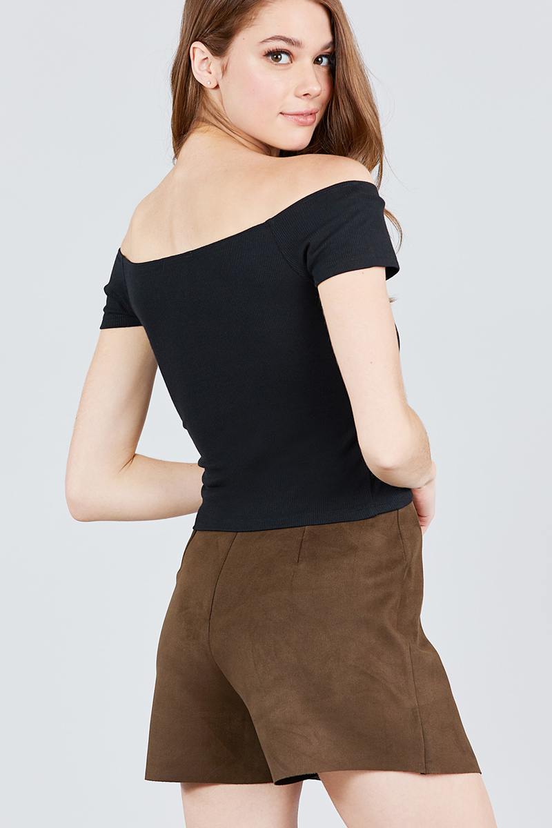 Short Sleeve Off The Shoulder Button Down Rayon Spandex Rib Knit Top