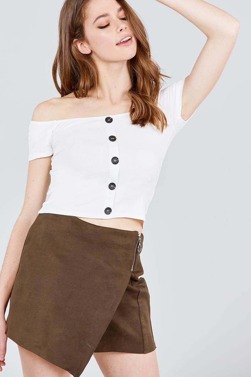 Short Sleeve Off The Shoulder Button Down Rayon Spandex Rib Knit Top