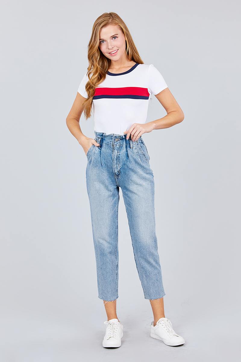 Short Sleeve Crew Neck Color Block Knit Top