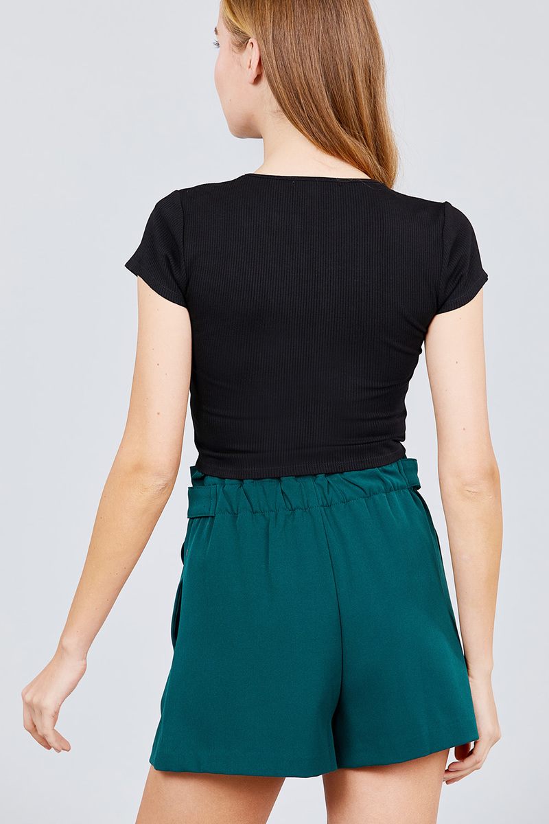 Short Sleeve Open Neck W/snap Button Detail Rayon Spandex Heavy Rib Crop Knit Top
