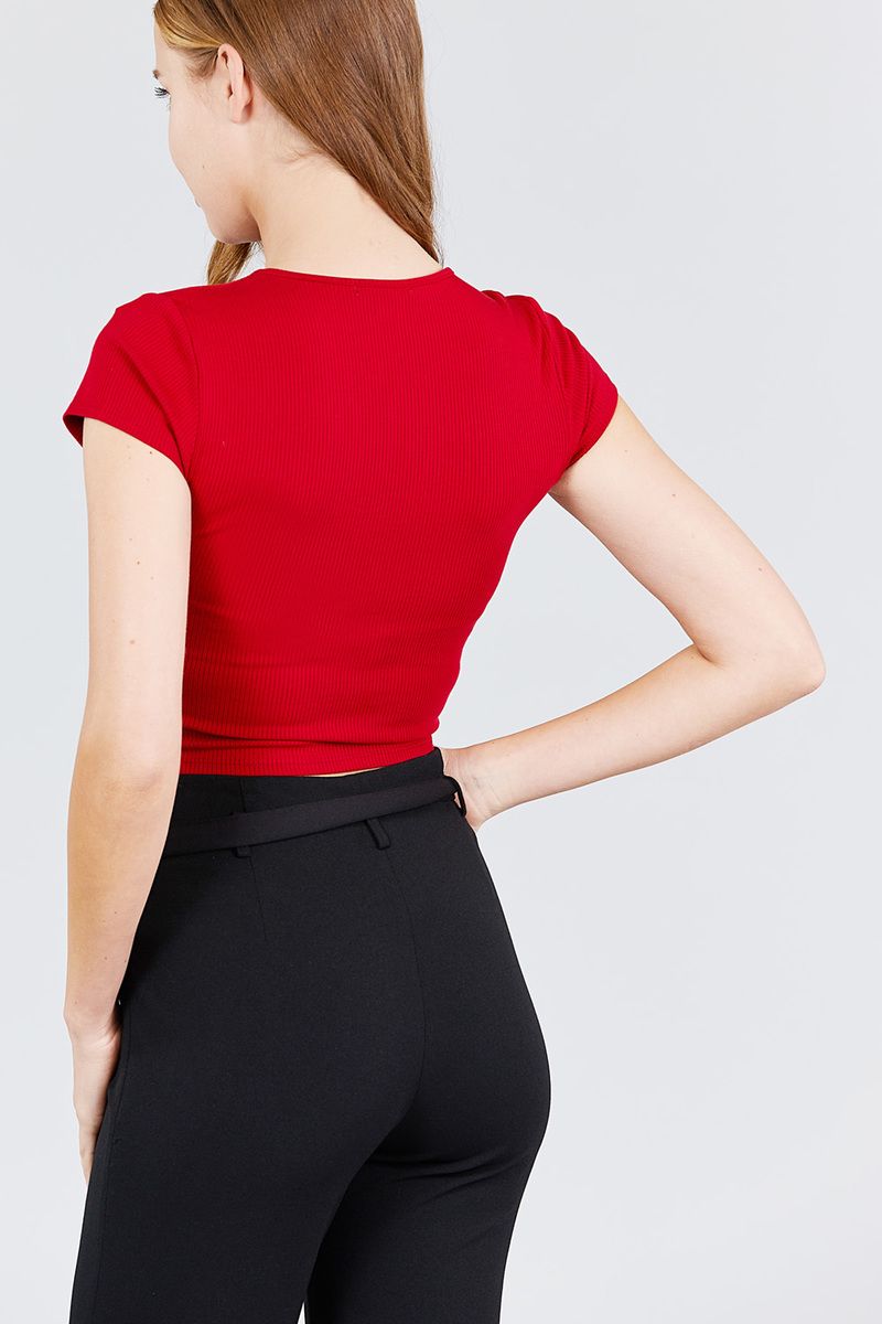 Short Sleeve Open Neck W/snap Button Detail Rayon Spandex Heavy Rib Crop Knit Top