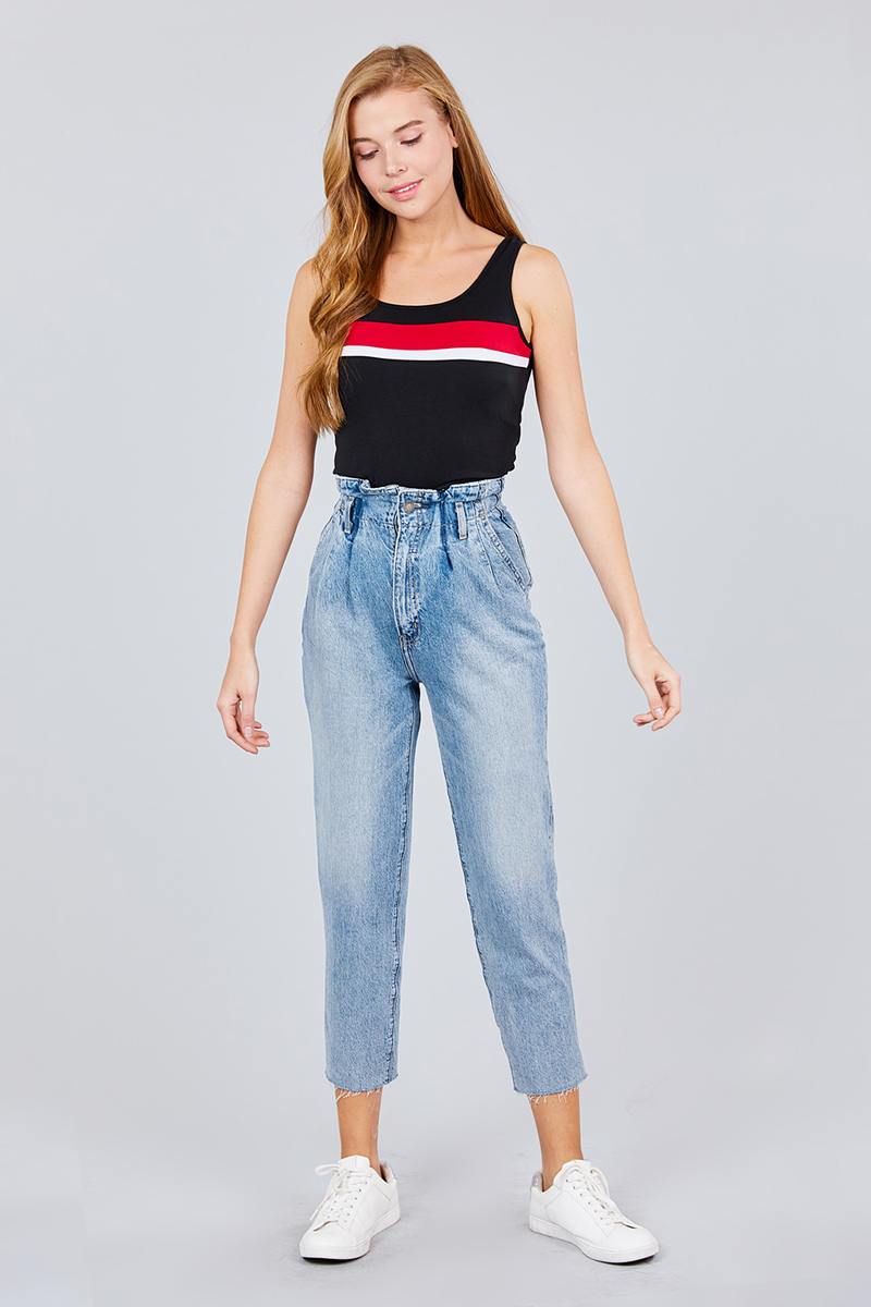Double Scoop Neck Color Block Knit Tank Top