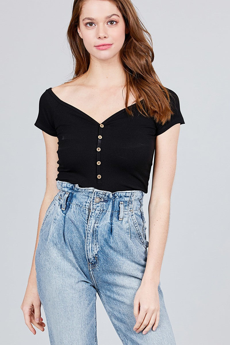 Short Sleeve W/button Detail Heavy Rib Rayon Spandex Knit Top