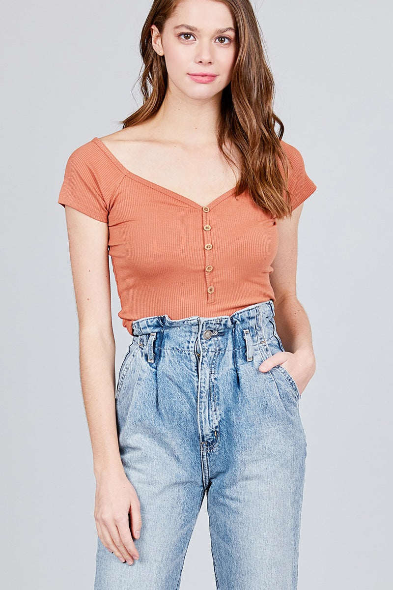 Short Sleeve W/button Detail Heavy Rib Rayon Spandex Knit Top