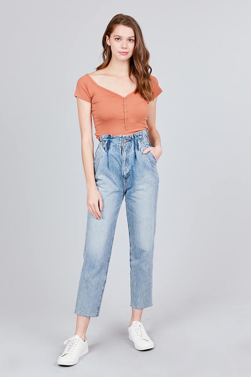 Short Sleeve W/button Detail Heavy Rib Rayon Spandex Knit Top