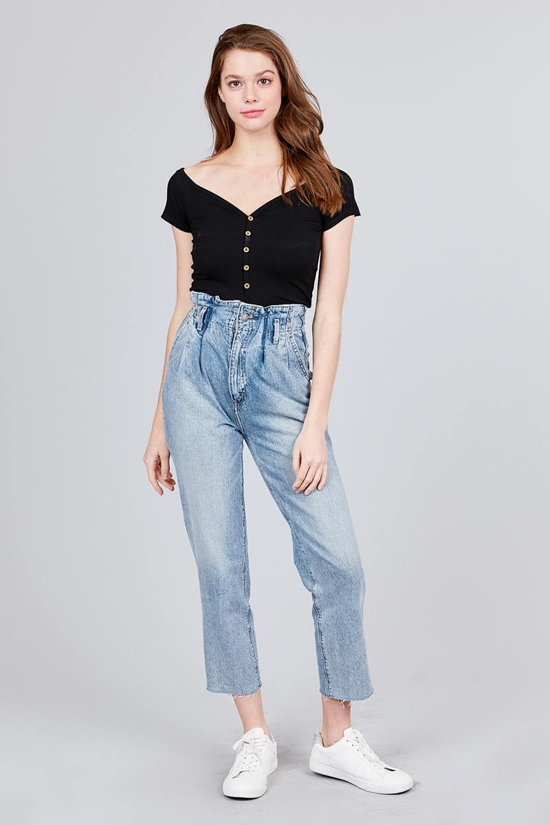 Short Sleeve W/button Detail Heavy Rib Rayon Spandex Knit Top