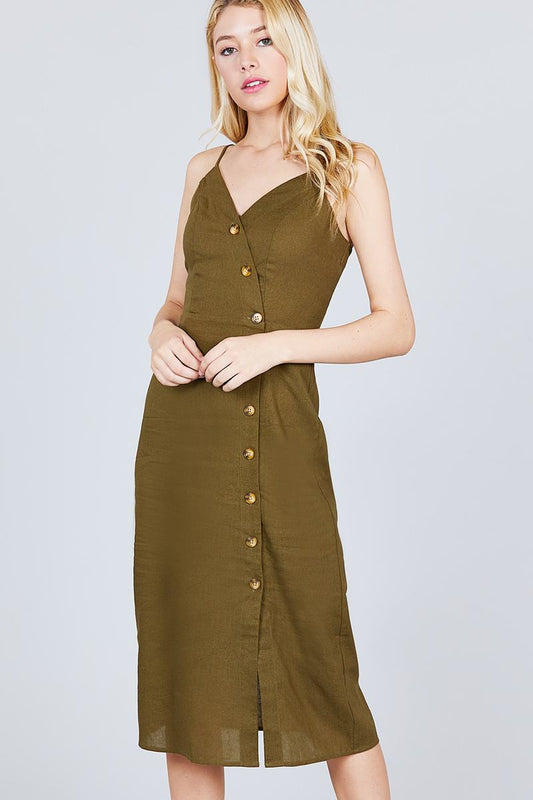 V-neck Surplice Button Down Midi Linen Dress