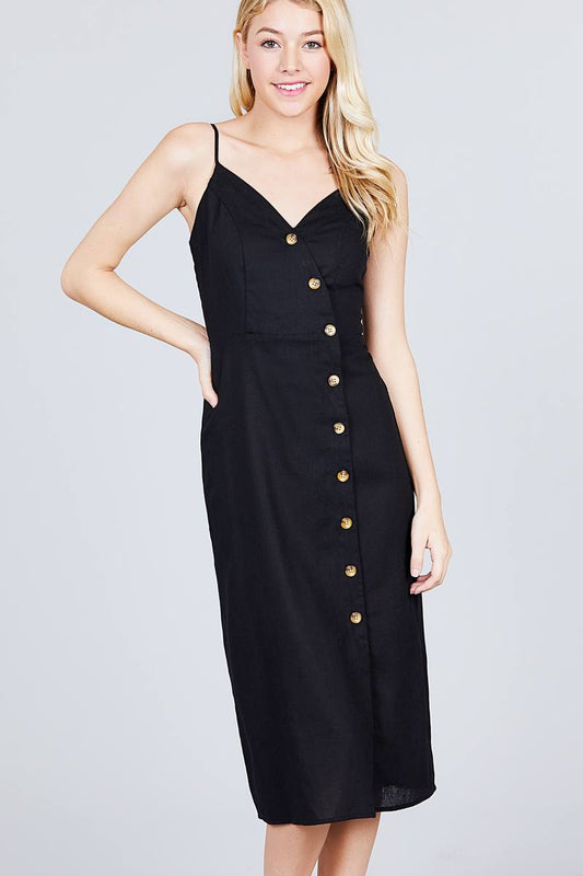 V-neck Surplice Button Down Midi Linen Dress