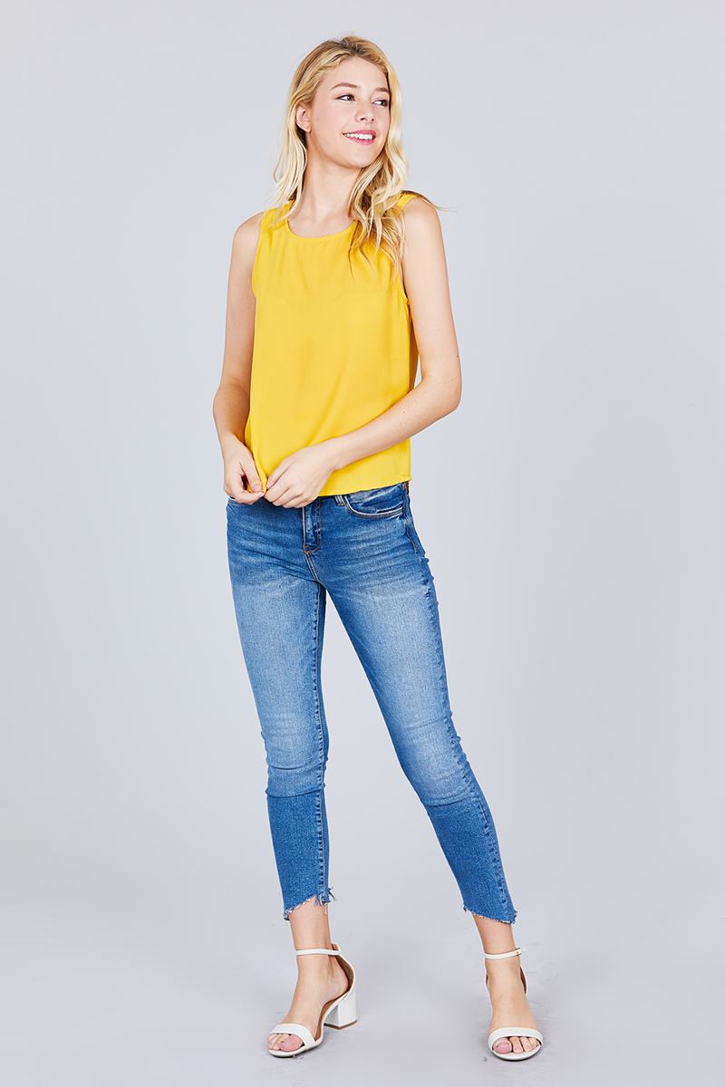 Sleeveless Round Neck Back Button Detail Woven Top