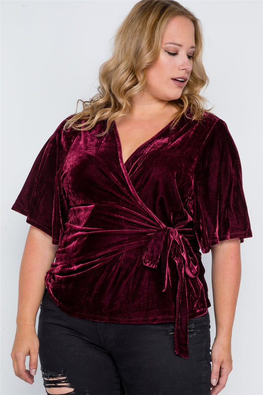 Plus Size Velvet Short Sleeve Side Tie Top