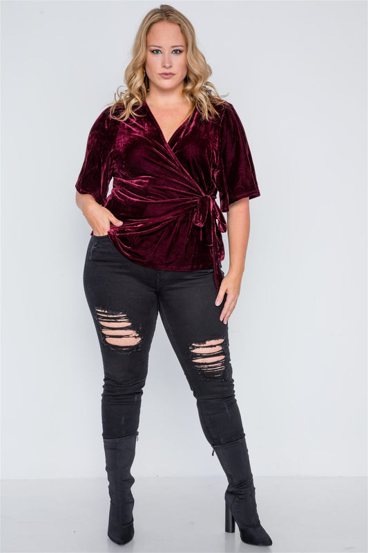 Plus Size Velvet Short Sleeve Side Tie Top