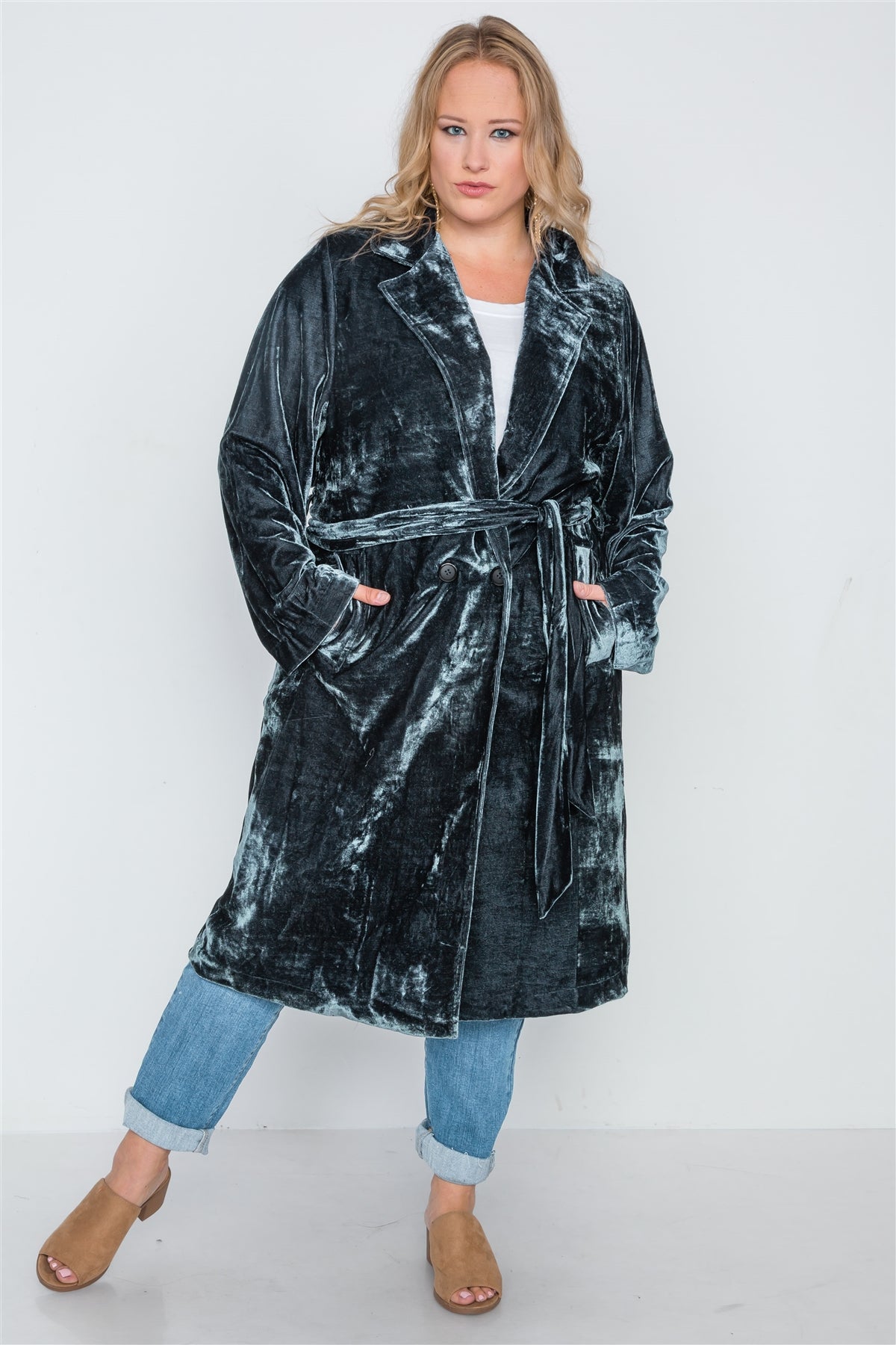 Plus Size Velvet Long Sleeve Trench Coat