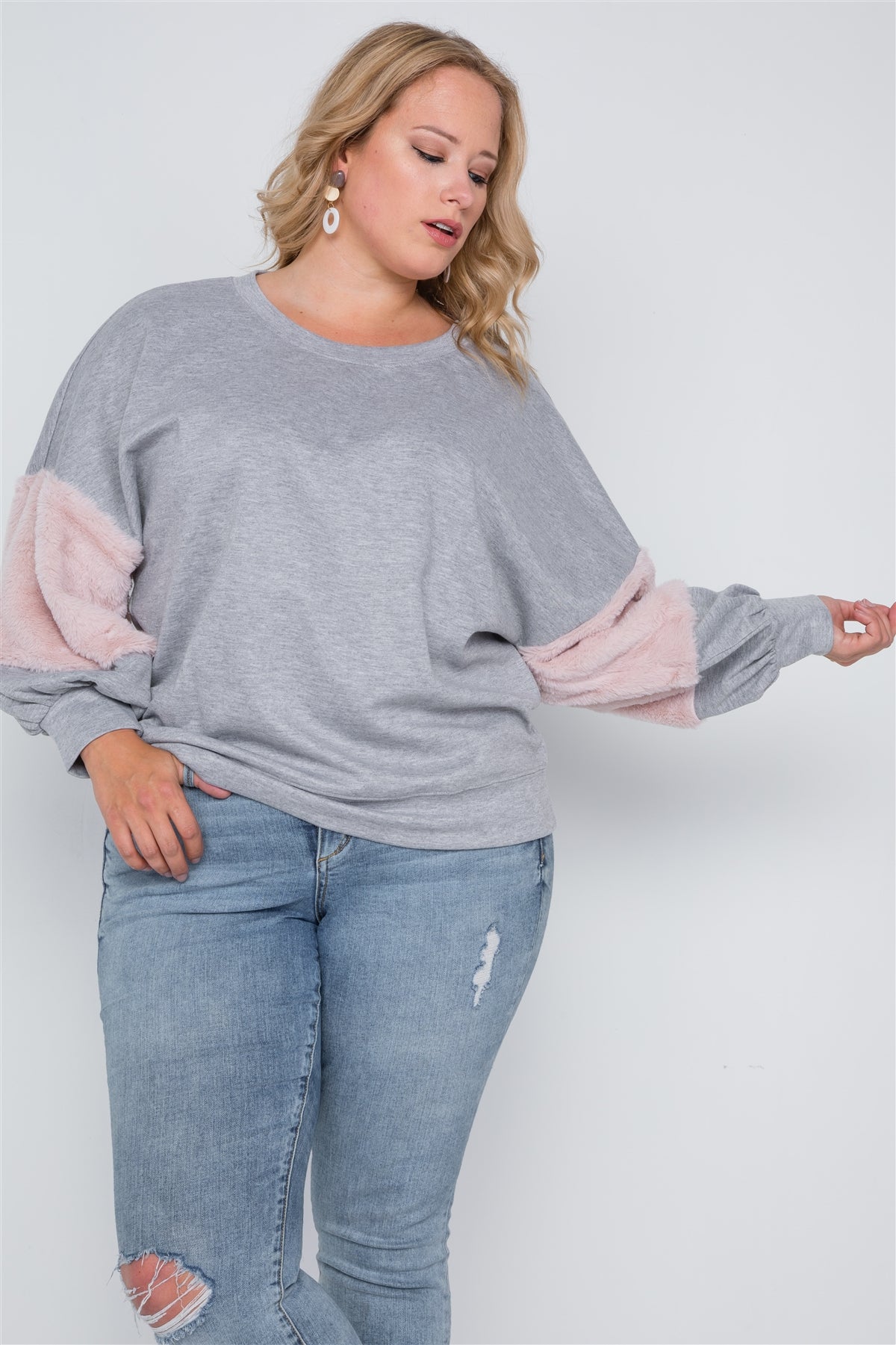 Plus Size Faux Fur Pink Sleeves Sweater