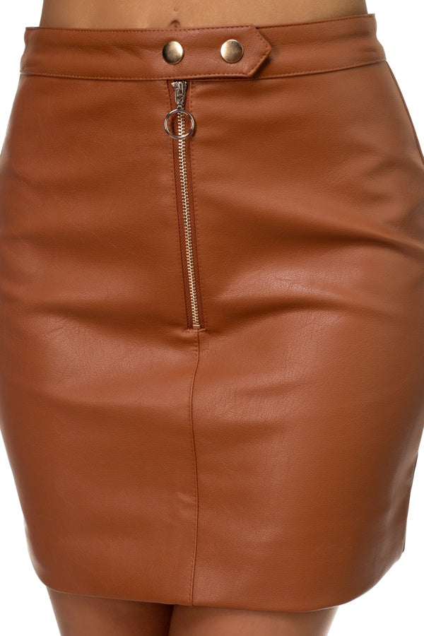 Faux Leather O-ring Zipper Up Skirt