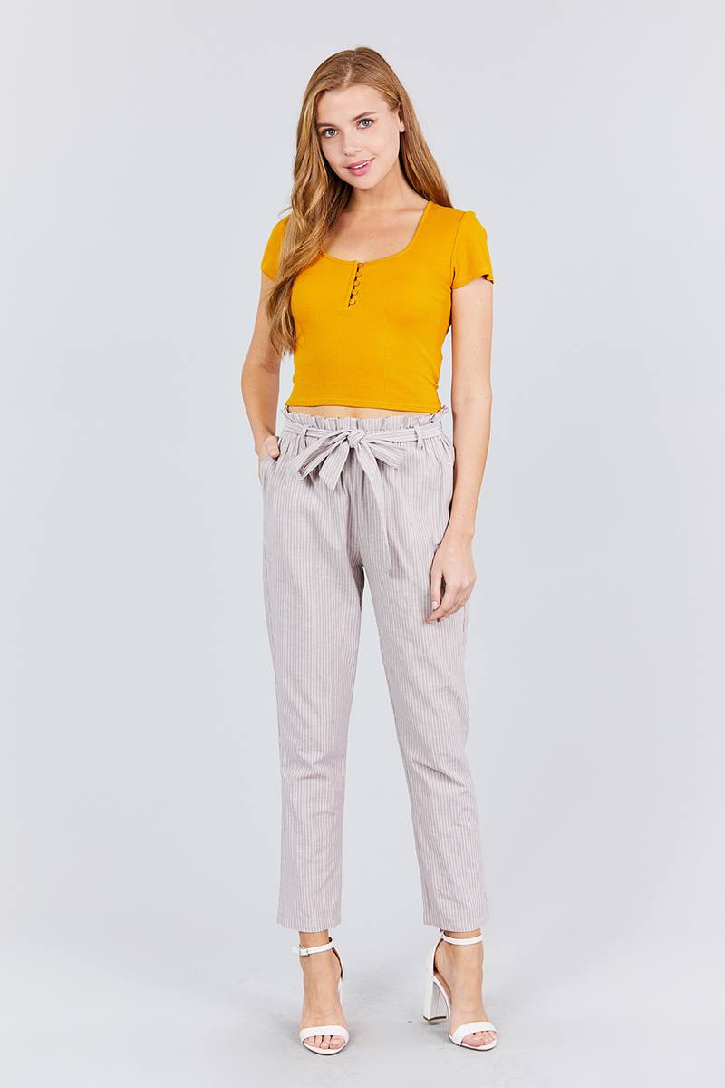 Short Sleeve Front Button Down Detail Rayon Spandex Rib Knit Top