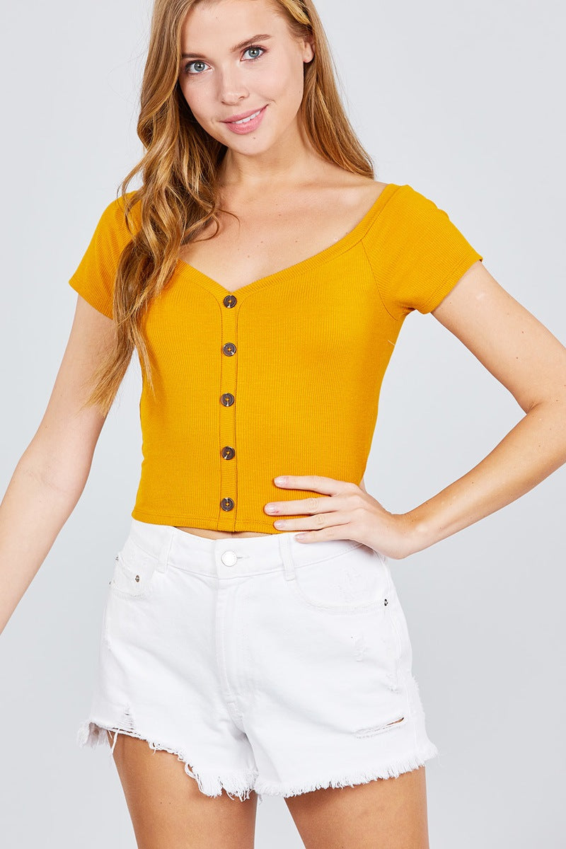 Short Sleeve Off The Shoulder Neckline Button Down Rayon Spandex Rib Knit Top