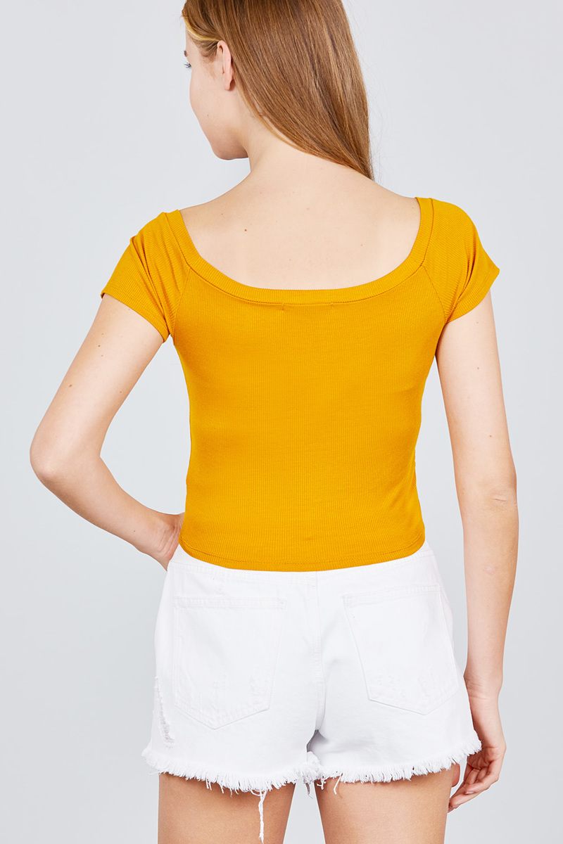 Short Sleeve Off The Shoulder Neckline Button Down Rayon Spandex Rib Knit Top