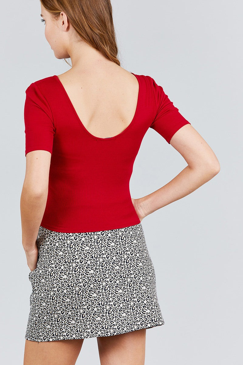 Elbow Sleeve V-neck W/shirring Rayon Spandex Rib Knit Top