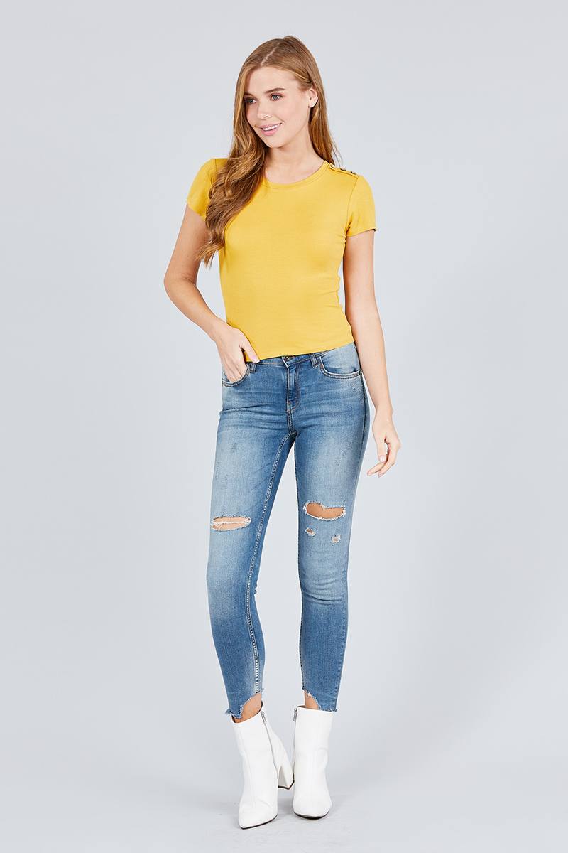Short Sleeve Round Neck W/shoulder Button Down Rayon Spandex Rib Knit Top